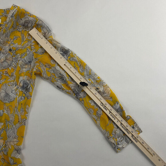 Liz Claiborne Yellow Floral Button Up Blouse Sheer Sz PS SP Chiffon L/S Roll Tab - Picture 3 of 7